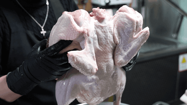 Raw duck being lifted from kitchen
