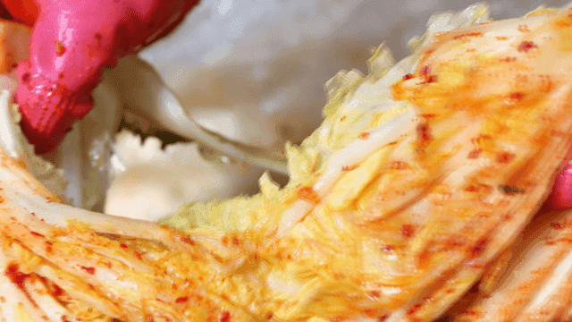Kimchi that tears apart with rubber-gloved hands