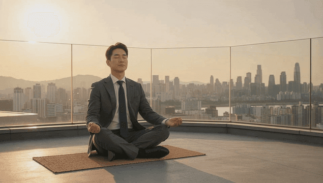 해질녘 옥상에서 명상하는 남자 회사원