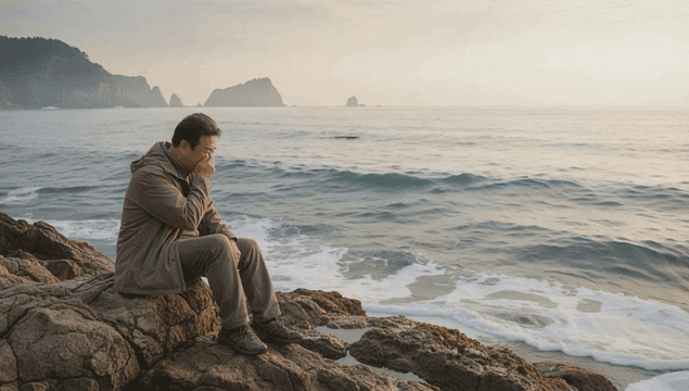 해변 바위에 앉아 바다를 구경하는 중년 남자