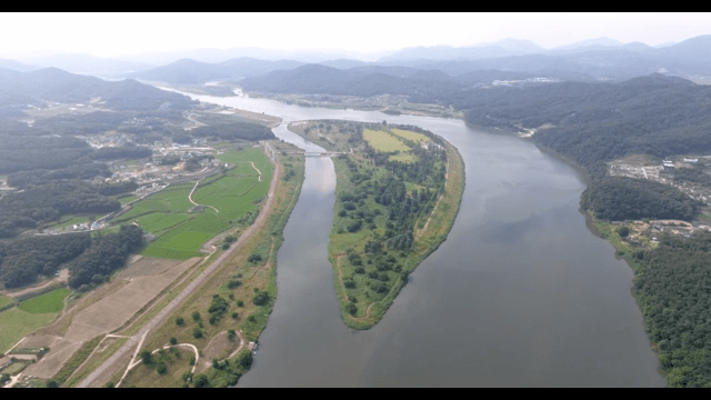 Aerial view of a river and surrounding landscape