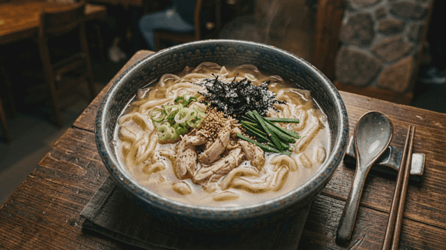 Steaming bowl of chicken kalguksu