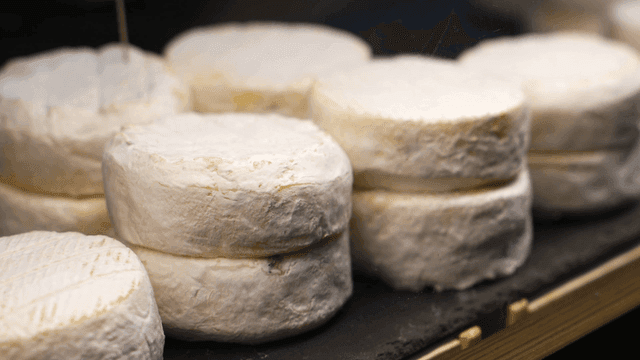 Cheese wheels on display in a shop