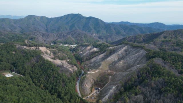 낮 시간의 숲이 우거진 계곡이 있는 광활한 산악 풍경