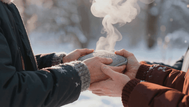 겨울에 김이 나는 핫팩을 잡고 있는 손
