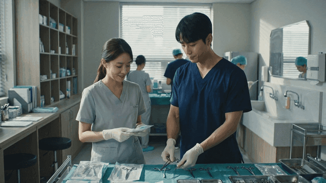 Medical staff preparing surgical tools