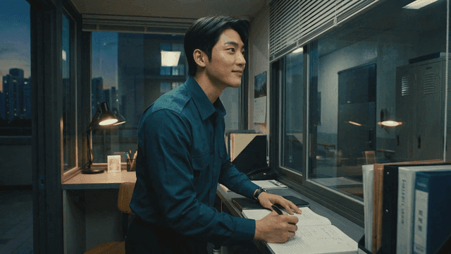 Young security guard writing apartment patrol log at night