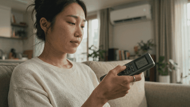 Woman adjusting settings with air conditioner remote.