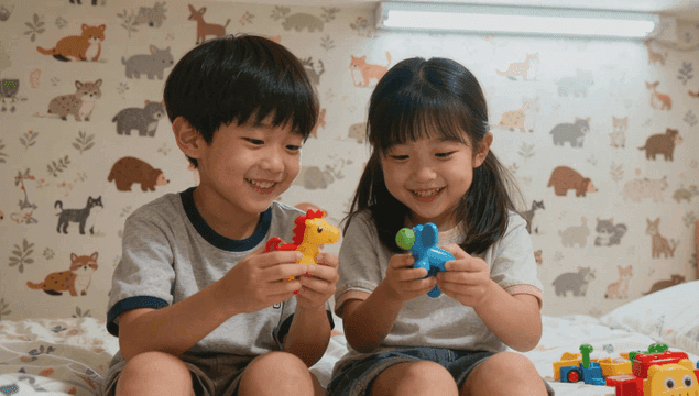 아이방에서 장난감을 가지고 노는 아이들