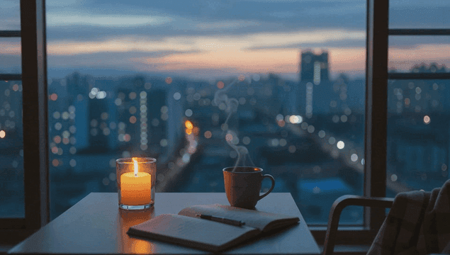 도시 전망과 함께 촛불이 켜진 테이블
