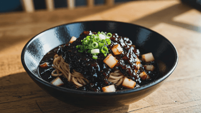 Bowl of Jajangmyeon with chopped vegetables