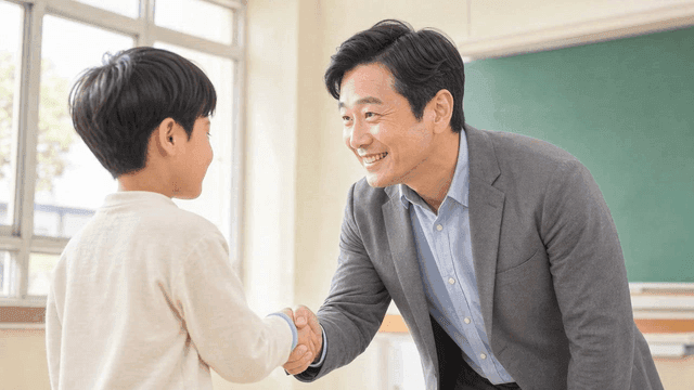 Teacher and elementary school student shaking hands in classroom