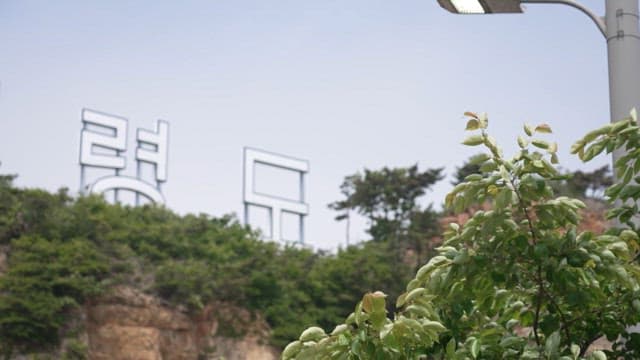 흐린 날 절벽에 백령도 간판이 있는 해안가