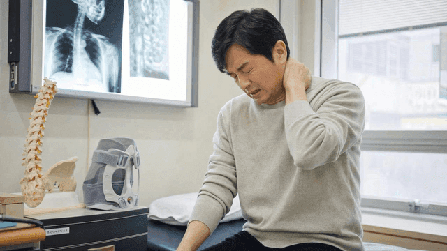 Middle-aged men experiencing neck pain in doctor's office