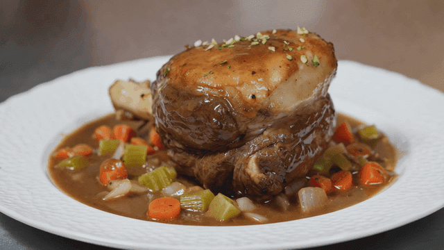 Lamb shank meat dish cooked with vegetables