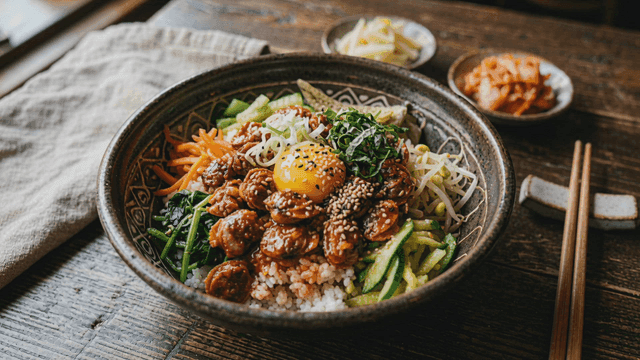 신선한 채소가 들어간 꼬막 비빔밥 한 그릇