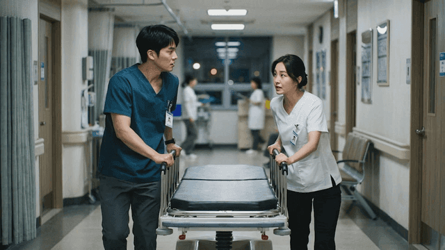 Doctor and nurse moving patient transport bed