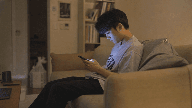 Man looking at his phone on sofa at home