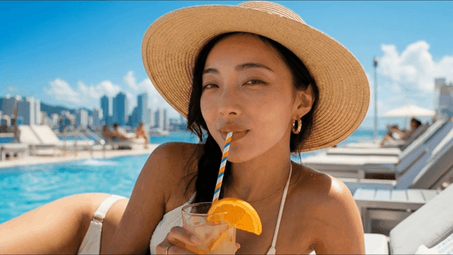 Woman enjoying cool drink by swimming pool