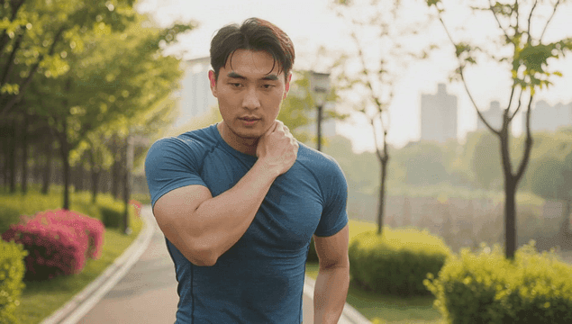 햇살이 비치는 공원 길에서 조깅하는 남자