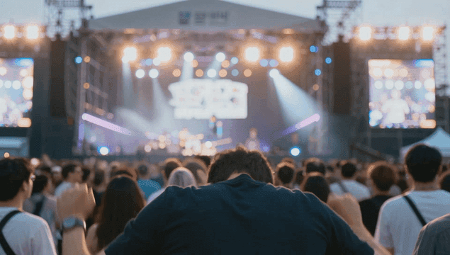 환호하며 춤추는 관중들과 함께하는 야외 콘서트
