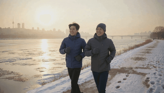 눈 덮인 강가를 달리는 두 친구