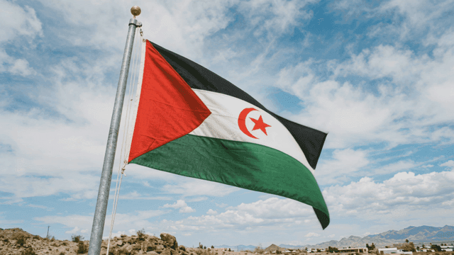 Flag of Sahara Arab Democratic Republic fluttering amidst mountainous landscape