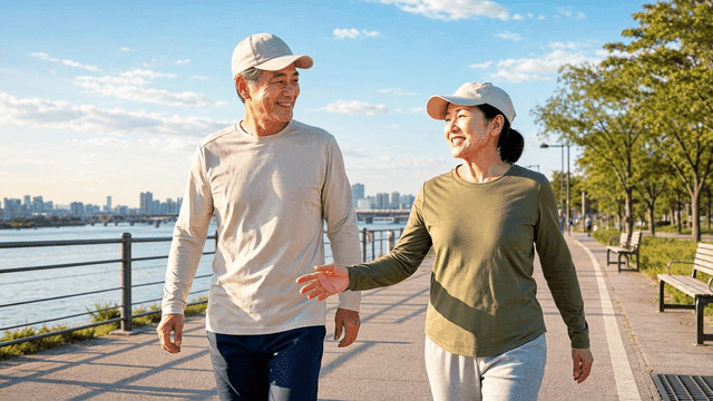 Elderly couple jogging along riverside path