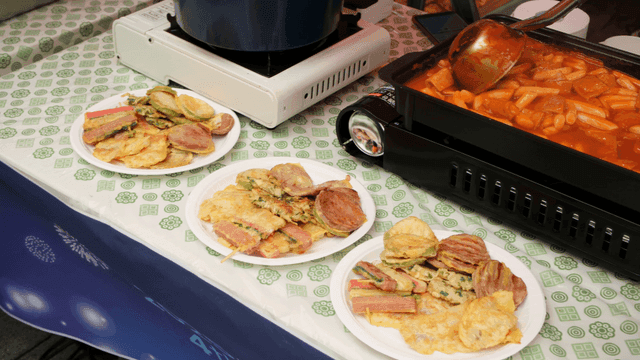 Korean street food with tteokbokki and jeon