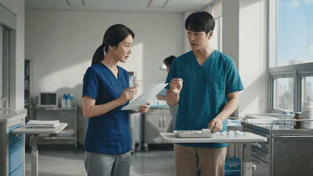 Medical staff discussing in a hospital room