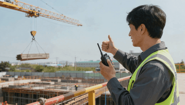 크레인 작업을 지시하는 건설 노동자