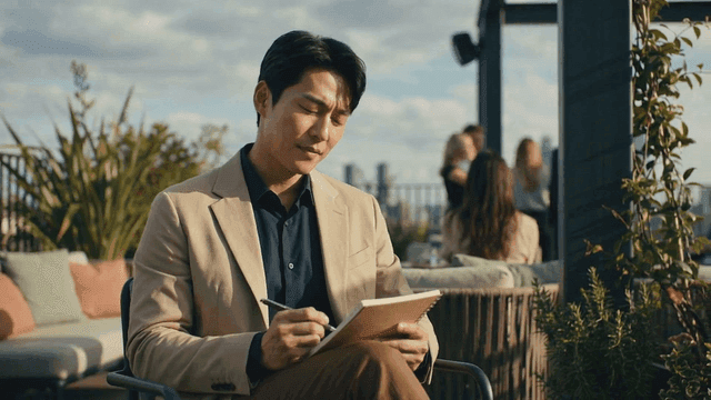 Man writing in notebook on rooftop