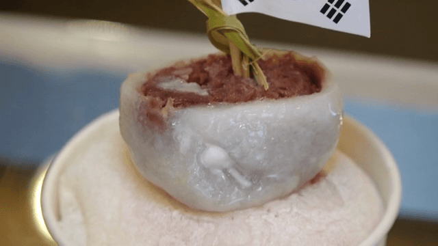 Mochi dessert with a Korean flag