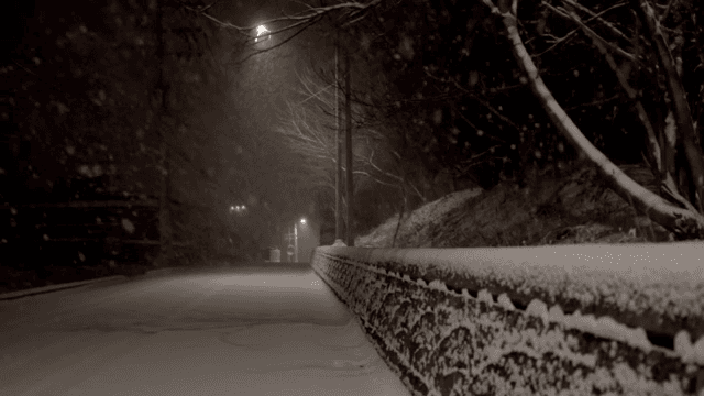 Snowy night street with falling snow