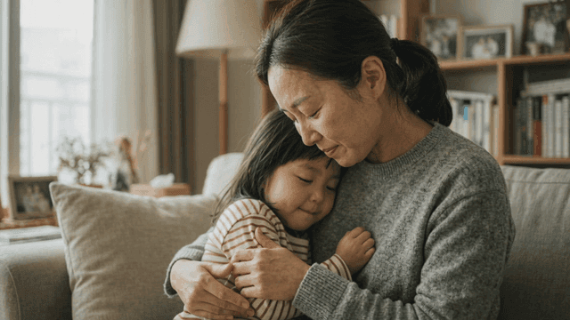 Mother and little girl warmly hugging
