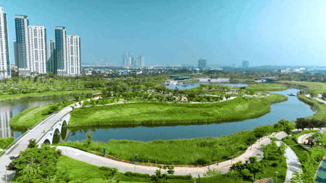 Scenery of city park with high-rise buildings
