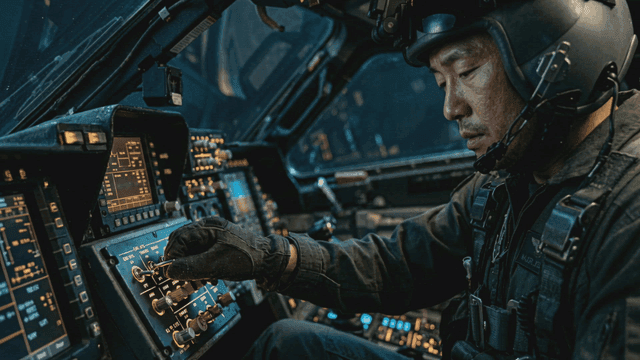 Pilot operating controls in cockpit