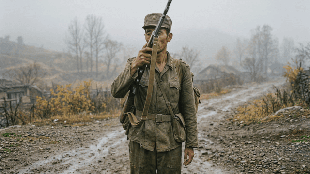 North Korean soldiers standing on dirt road in countryside