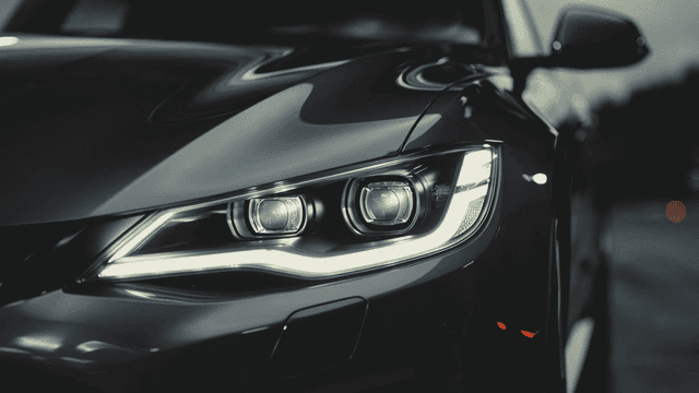 Close-up of stylish car headlights on road