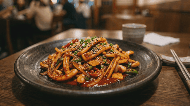 Spicy stir-fried squid on a table