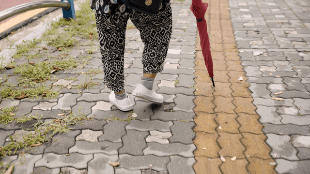 Person walking down the street with an umbrella