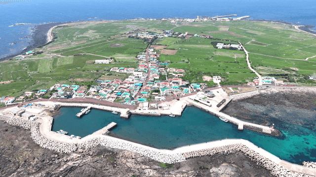 Coastal village with harbor and fields