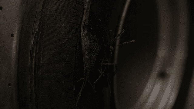 마모된 부분이 보이는 손상된 타이어