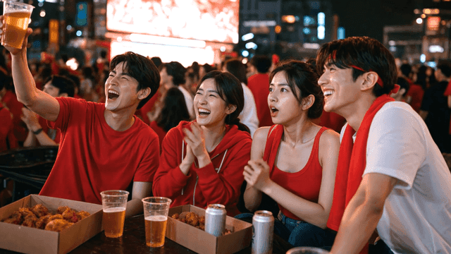 Chicken, beer, and friends cheering for soccer