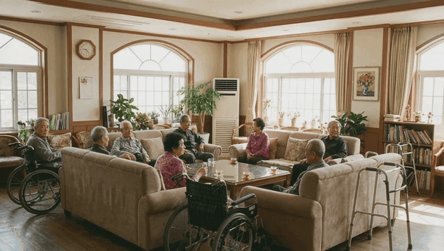 Elderly people gathered in a cozy room