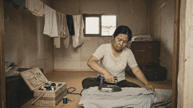 Woman ironing clothes in room from 70s