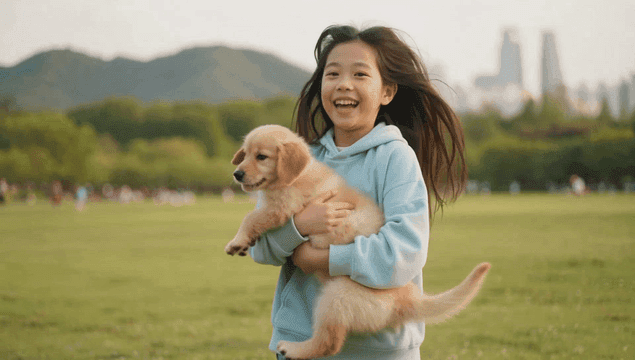 공원에서 즐겁게 뛰는 소녀에게 안겨있는 아기 강아지