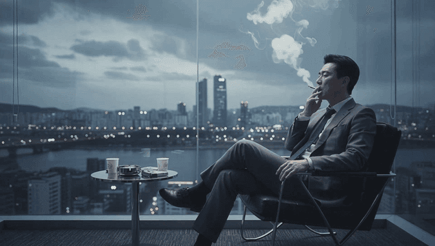 도시 전망을 보며 사무실에서 담배를 피우는 사업가