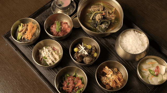 Variety of Korean dishes served on tray