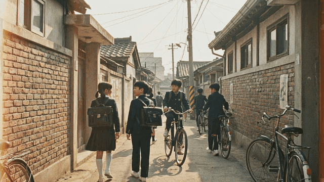70s students walking and riding bicycles to school in alleyways